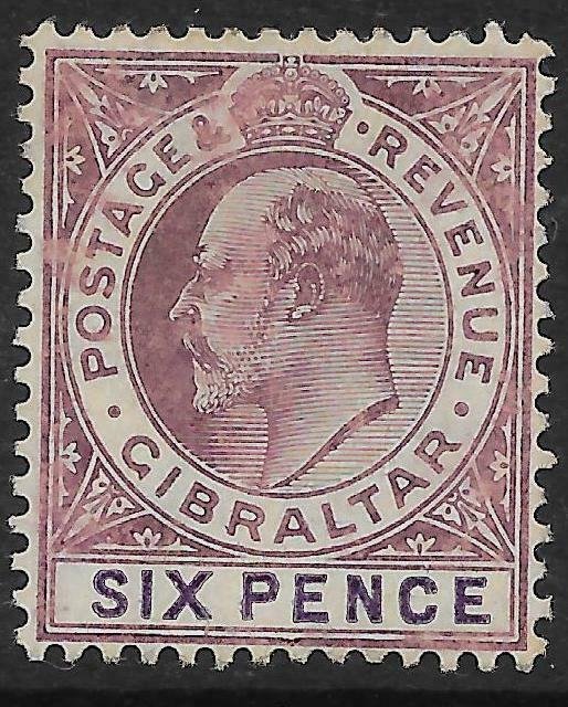 GIBRALTAR SG60a 1908 6d DULL PURPLE & VIOLET MTD MINT