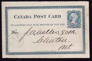 Canada-covers #11832-1c QV postal stationery-Huron cnty-Goderich, Ont double