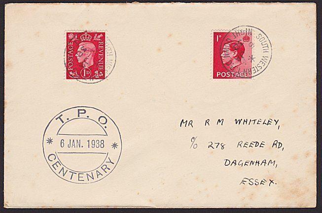 GB 1938 TPO Centenary cover : SOUTH WESTERN TPO NIGHT DOWN cds..............6420