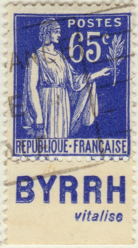 FRANCE - 1937 Pub BYRRH (vitalise) inférieure sur Yv.365b 65c Paix - obl. TB