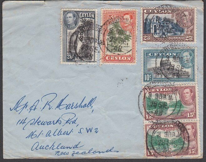 CEYLON 1948 commercial cover to New Zealand - mice franking.................F128