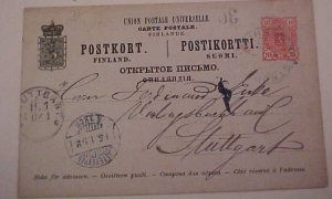 FINLAND POSTAL CARD POSTKUPEN 26 JA 1892 HELSINGFORS B/S ST.OETERSBURG & STUTTGA