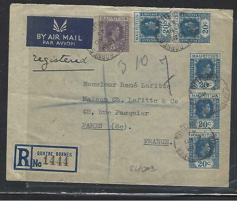 MAURITIUS COVER (P1311B) 1947 KGVI 20CX5+5C REG A/M TO FRANCE, QUATRE BORNES