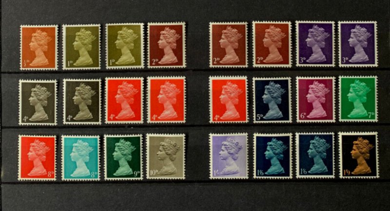 GB QEII  SG723-744 PRE-DECIMAL MACHIN SET OF 24 with all Phosphor Varieties, MNH