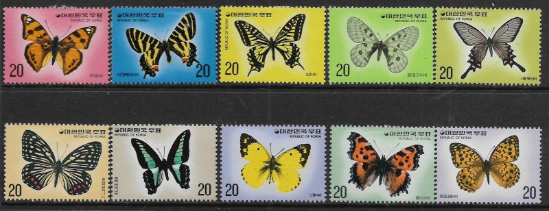 KOREA 1004-1013 MINT HINGED, REMNANTS, BUTTERFLIES SET 1976