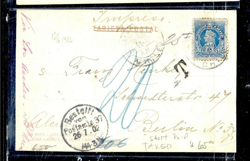 CHILE  (P3108B) 1902  5C COLUMBUS  ON PPC  VALPARAISO TO GERMANY SHORT PD, TAXED