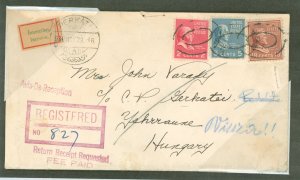 US 806/810/823 1938 registered letter to Hungary, Nov. 1, 1939. 5c postage, 15c registry, 5c return receipt