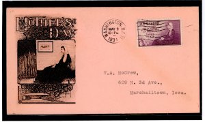 US 738 1934 3c Mother's Day (Whistler's Mother) on an addressed (typed) FDC with a Grimsland cachet