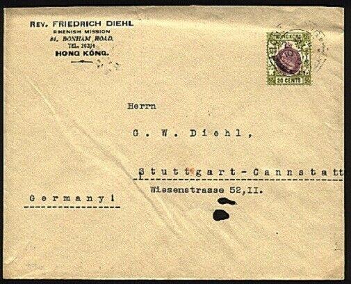HONG KONG 1932 GV 20c on cover from Rhenish Mission to Germany.............95038