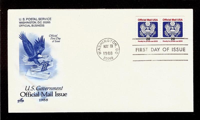 FIRST DAY COVER #O138 Official Mail 20c Coil Pair ARTCRAFT U/A FDC 1988