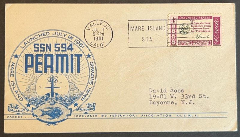 USS PERMIT SSN-594 LAUNCHED JULY 1 1961 MARE ISLAND NAVAL STATION NAVAL CACHET