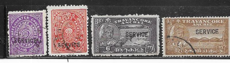 India- Travancore #O52-O55  (U) CV $4.00