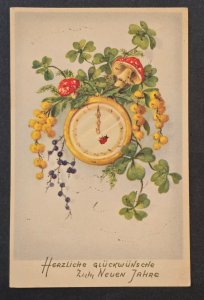 Antique German New Year Postcard Embossed Clock 4 Leaf Clover Mushroom Luck