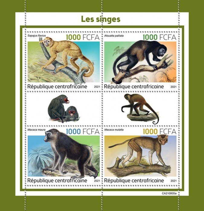 C A R - 2021 - Monkeys - Perf 4v Sheet - Mint Never Hinged