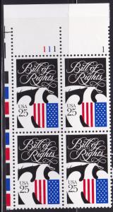 United States 1989 Bill of Rights Issue Plate Number Block VF/NH