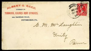 U.S. T I 1st Bur. Iss. on 1895 Cover w/Albert G. Reed  Tobacco Ad Corner Card