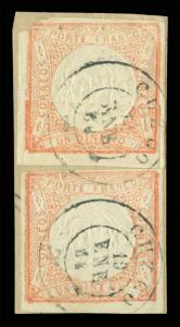 PERU 1862 Coat of Arms 1d red EMBOSSED ARMS SIDEWAYS var Sc#12a x2 used on piece