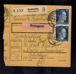 1944 Sosnowitz Poland Parcel Cover to Drutte Neuengamme Concentration Camp KZ