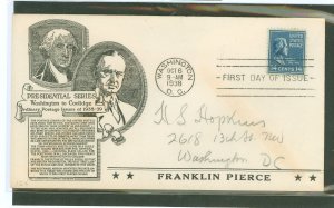 US 819 1938 14c Franklin Pierce (part of the presidental/prexy definitive series) single on an addressed first day cover with an