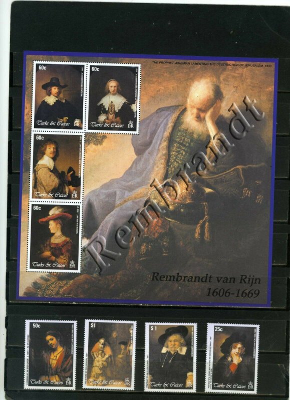 TURKS& CAICOS 2003 PAINTINGS BY REMBRANDT SET & SHEET OF 4 STAMPS MNH 