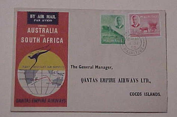 MAURITIUS  B/S COCOS ISLAND 1952 FLIGHT