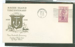 US 777 1935 3c Rhode Island Tercentenary (Roger Williams) single on an unaddressed first day cover with a Grimsland cachet.