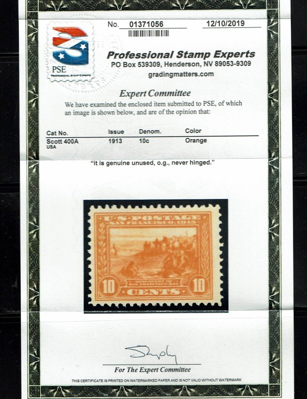 Scott #400A VF-OG-NH. With 2019 PSE certificate. SCV - $390.00 A Showpiece