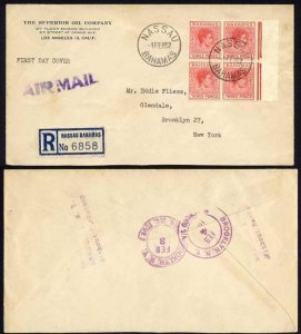 Bahamas SG154b 3d Scarlet BLOCK of Four on Registered FDC