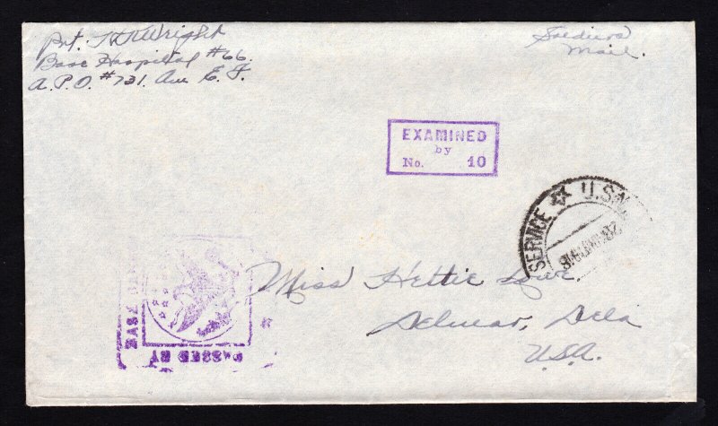 SOLDIERS MAIL US ARMY APO 731 WWI AEF BASE HOSPITAL #66 CENSOR 1918 POSTAL COVER