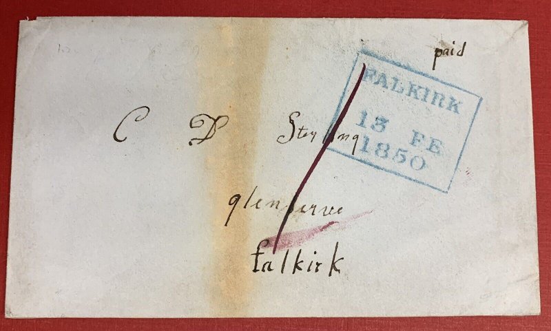 G.B., Scotland, 1850 Stampless Cover, Blue Boxed FALKIRK 13 FE, 1850 Handstamp