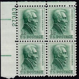 United States 1963 Plate Number Block Scott 1209 1c green Andrew Jackson  VF/NH