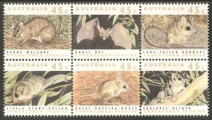 AUSTRALIA Sc# 1235 MNH FVF 6Block Threatened Species Possum Wallaby Dunnart Bat