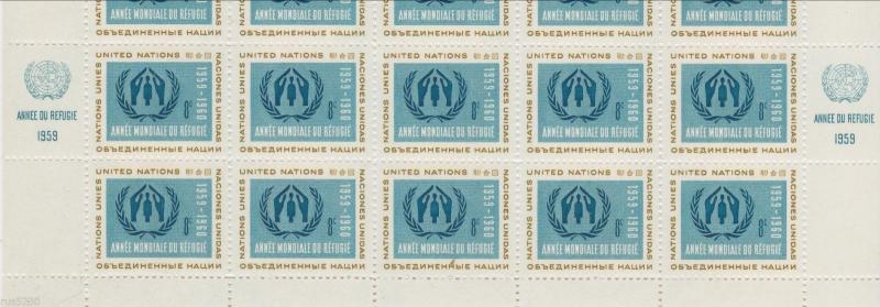 1959 United Nations - Scott #76 (A37) 8c Olive & Bright Greenish Blue Pane of 50