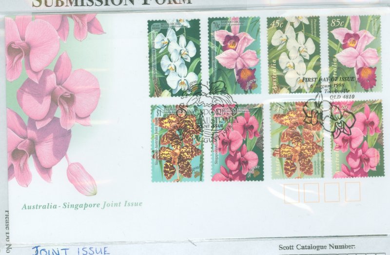 Australia  1681-1684 joint issue australia / singapore, singapore scott number #858-861, 1998 orchids, flower, fauna, two sets o