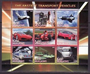 Malawi, 2008 Cinderella issue. Fast Moving Vehicles sheet of 9. ^