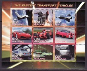 Malawi, 2008 Cinderella issue. Fast Moving Vehicles sheet of 9.