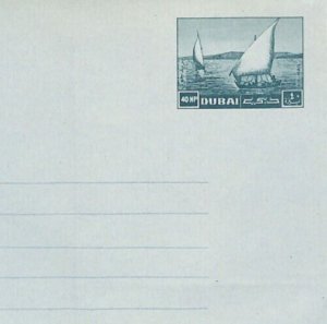 Gulf UAE DUBAI AIR LETTER Unused Postal Stationery 40p Blue DHOW Cover ZN203