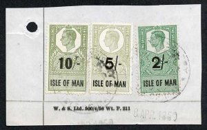 Isle of Man KGVI 10/- 5/- and 2/-Key Plate Type Revenues CDS on Piece