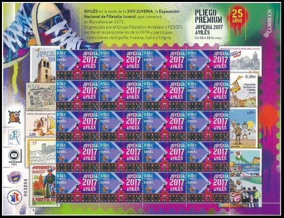 ESPAÑA SPAIN 2017 YOUNG STAMPSHOW JUVENIA AVILES PREMIUN PANE N-50