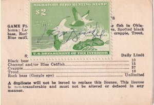 1957, Oklahoma Hunting License W/Duck Stamp Sc #RW24 (S19341)