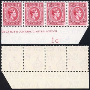 Jamaica SG122 1d Scarlet Plate 1c Strip (3 x U/M)