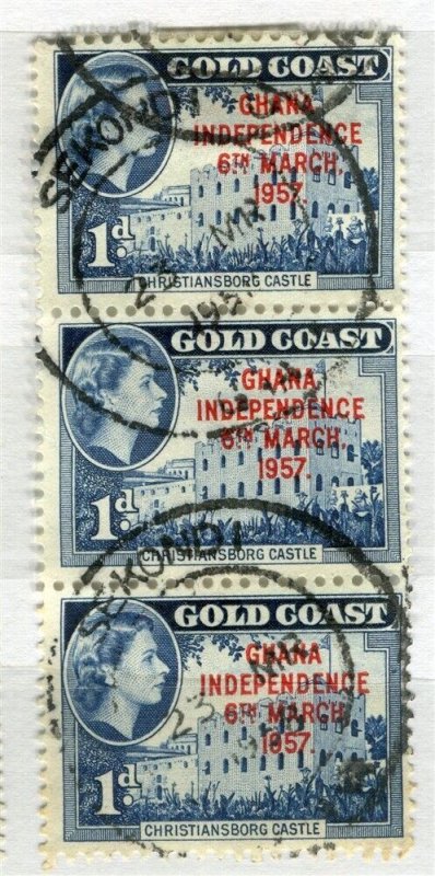 GOLD COAST; 1957 early QEII Independence issue 1c. used Strip Sekondi Postmark