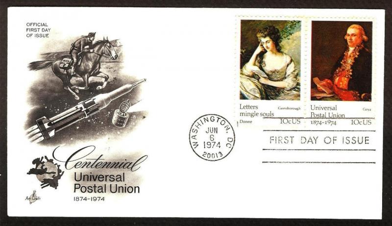 FIRST DAY COVER #1536-1537 Univ Postal Union 100th 10c ARTCRAFT U/A FDC 1974
