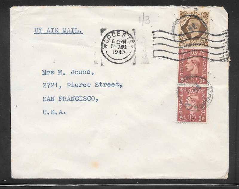 Great Britain #248 on WORCESTER AUG/24/1943 Airmail (12815)