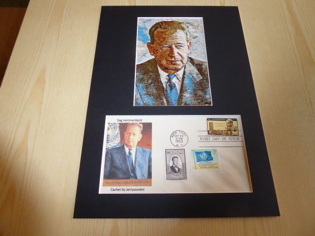 Dag Hammarskjold UN Art Postcard and 1962 USA FDC mount matte size A4