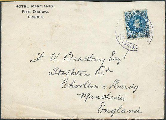 SPAIN CANARY ISLANDS 1902 cover Tenerife to UK, Plymouth / Ship Letter.....40826