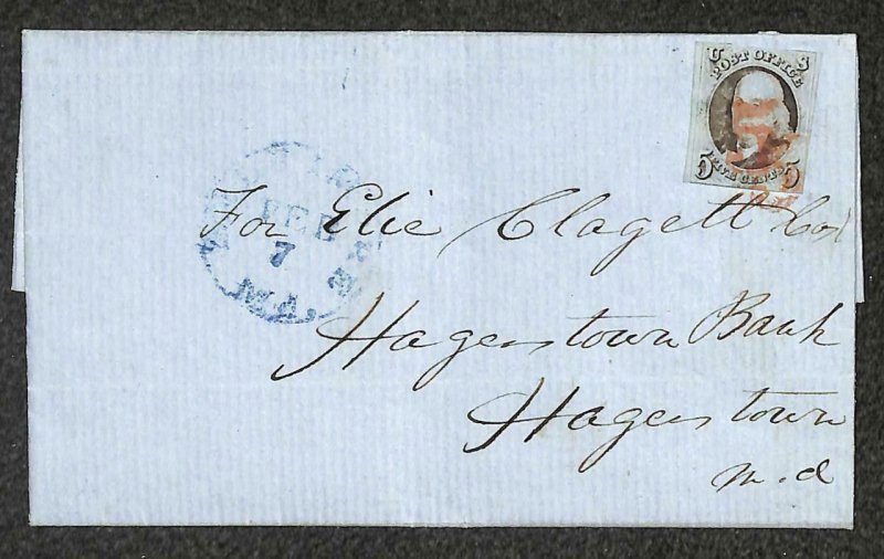 USA SCOTT #1 STAMP FOLDED COVER / LETTER BALTIMORE MARYLAND TO HAGERSTOWN 1851