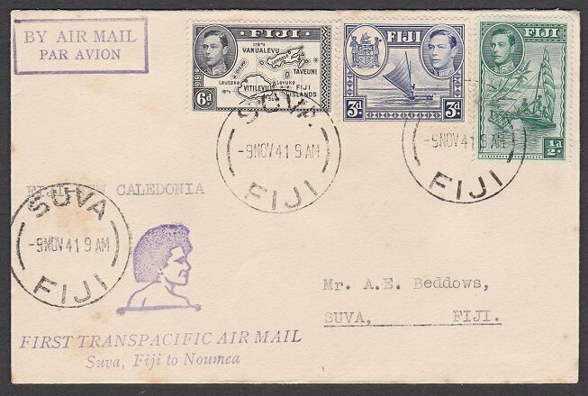 FIJI 1941 First flight cover Suva to Noumea New Caledonia...................M177