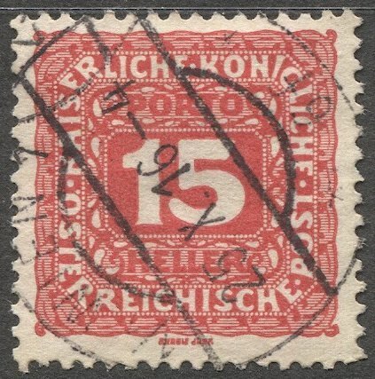 AUSTRIA 1916 Postage Due Sc J51  15h Used VF Wien cancel