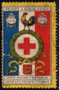 1914 France Poster Stamp WW I French Red Cross Union Women France Think Wounded